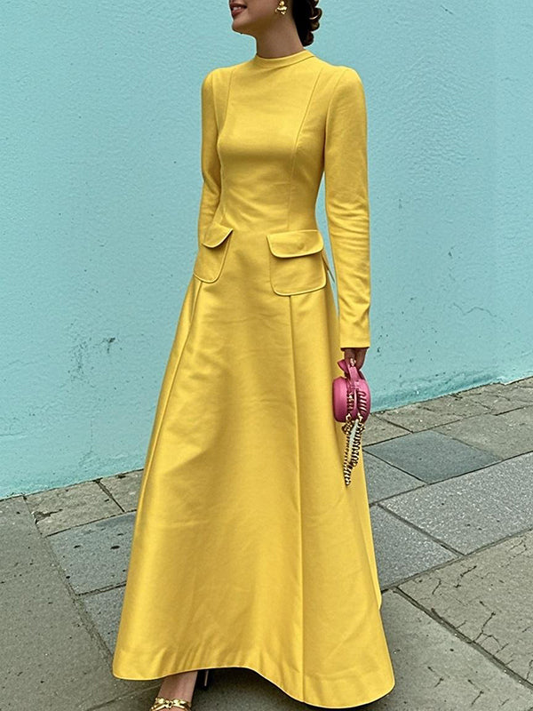 A-Line Long Sleeves Pockets Solid Color Mock Neck Maxi Dresses
