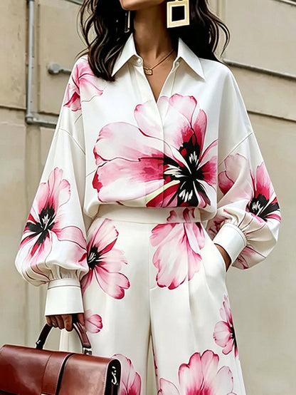 Pleated Flower Print Contrast Color Buttoned Puff Sleeves Loose Lapel Blouses&shirts Tops