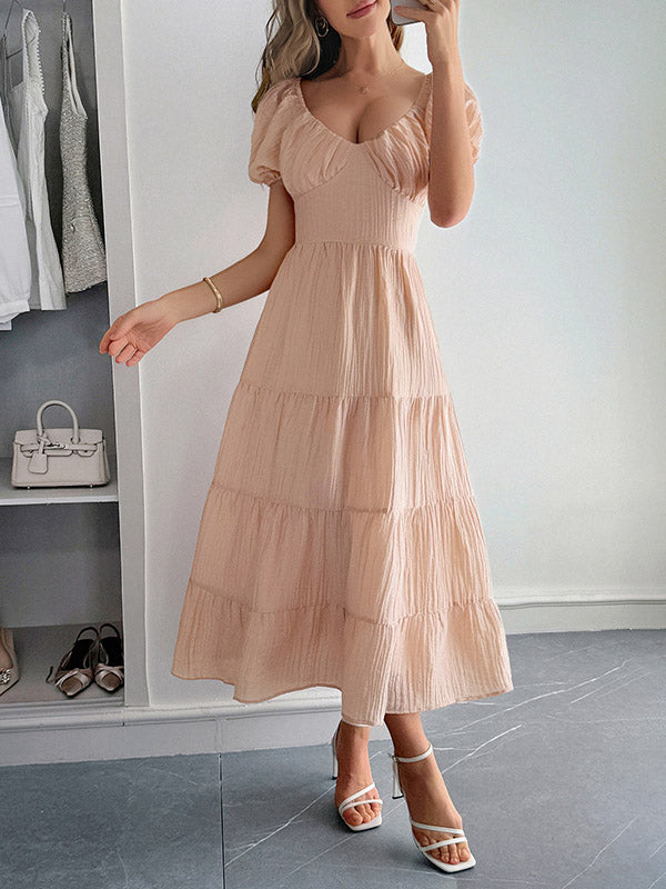 A-Line Loose Backless Pleated Solid Color Tied V-Neck Midi Dresses