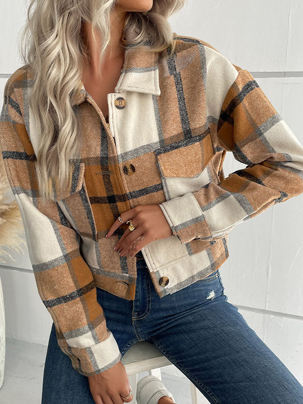 Long Sleeves Loose Buttoned Plaid Pockets Split-Joint Lapel Jackets Outerwear