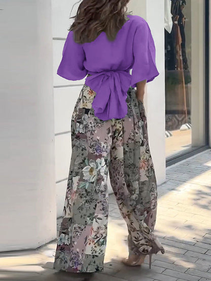 Wide Leg Bandage Bowknot Floral Printed Pockets Shirts Tops&Pants Suits