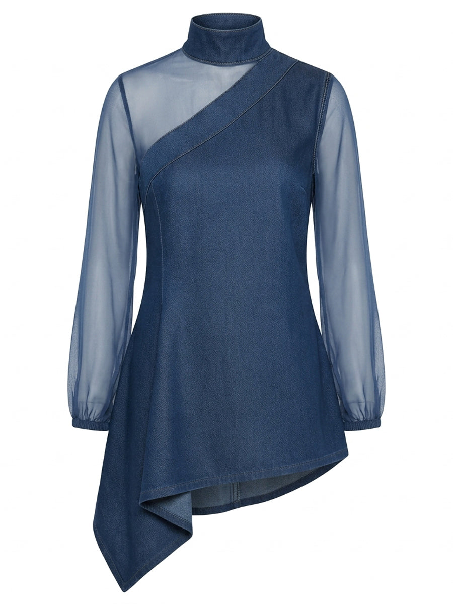 Split-Joint Mesh Asymmetric Puff Sleeves Long Sleeves Mock Neck Blouses&Shirts Tops