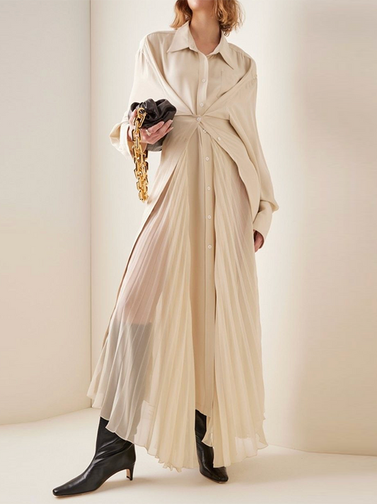 Long Sleeves Loose Pleated Solid Color Lapel Maxi Dresses Shirt Dress