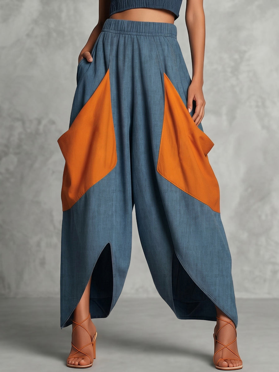 High Waisted Loose Contrast Color Elasticity Pockets Split-Joint Ninth Pants Trousers