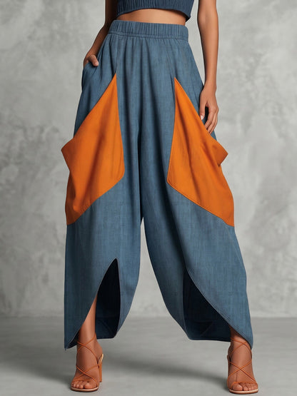 High Waisted Loose Contrast Color Elasticity Pockets Split-Joint Ninth Pants Trousers