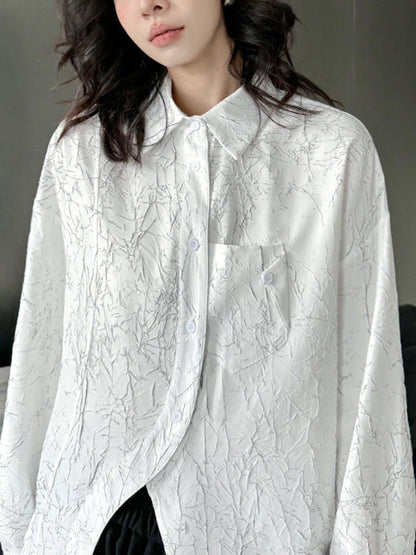 Irregularity Long Sleeves Abstract Printed Asymmetric Buttoned Wrinkled Lapel Blouses&Shirts Tops