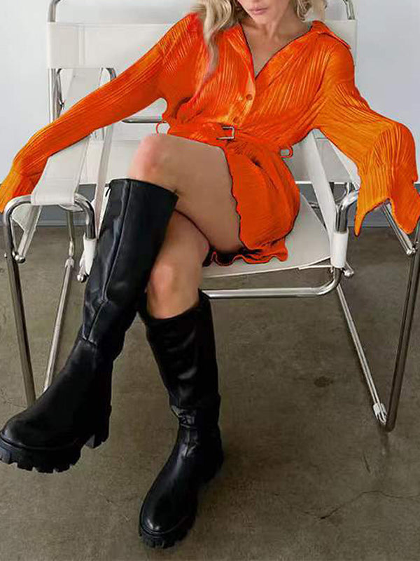 Long Sleeves Buttoned Pleated Solid Color Tied Waist Lapel Mini Dresses Shirt Dress