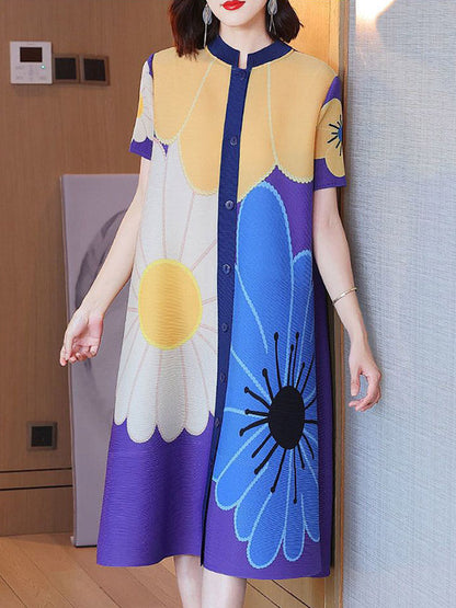 A-Linie Locker geknöpft Blumendruck Plissee Rundhals Midikleider 