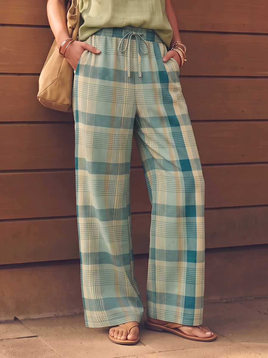 Pockets Plaid Contrast Color Wide Leg Loose Trousers Pants