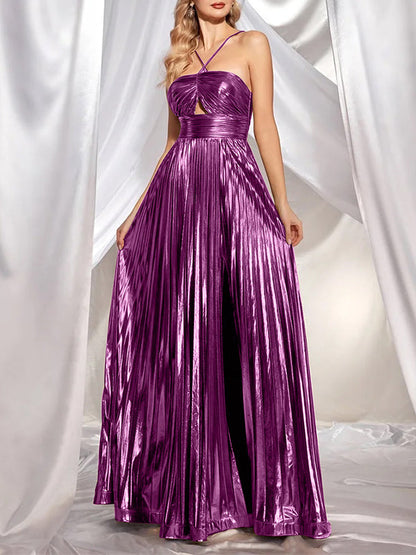 High Waisted Sleeveless Backless Hollow Pleated Shiny Solid Color Halter-Neck Maxi Dresses