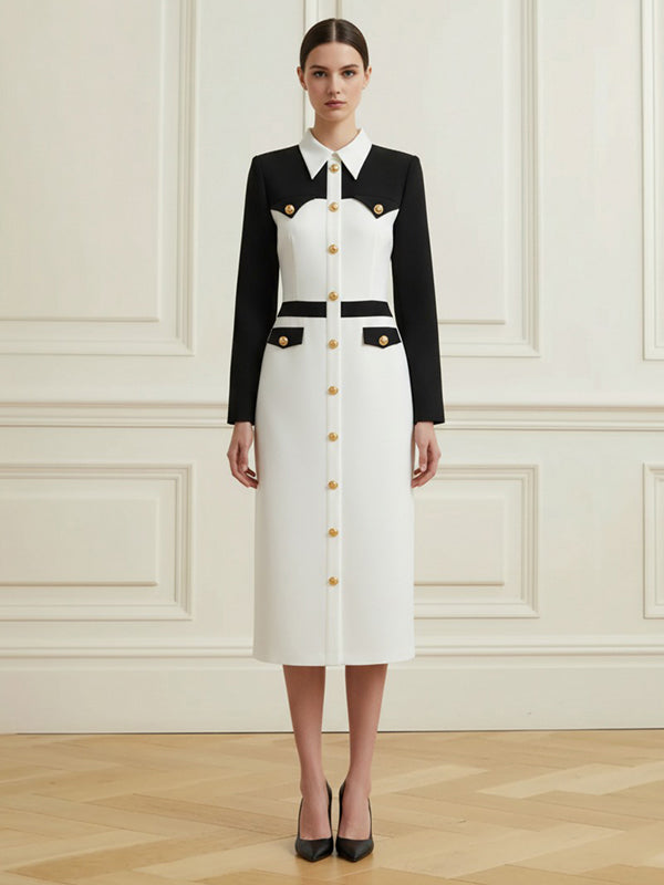 Long Sleeves Buttoned Contrast Color Split-Joint Lapel Midi Dresses