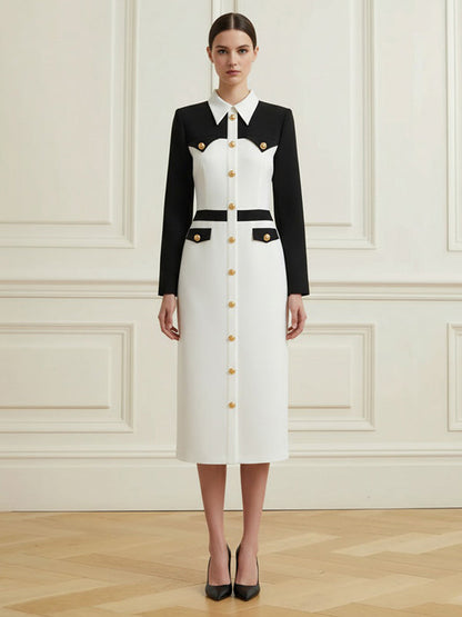 Long Sleeves Buttoned Contrast Color Split-Joint Lapel Midi Dresses