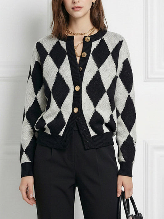 Long Sleeves Buttoned Plaid Round-Neck Cardigan Tops