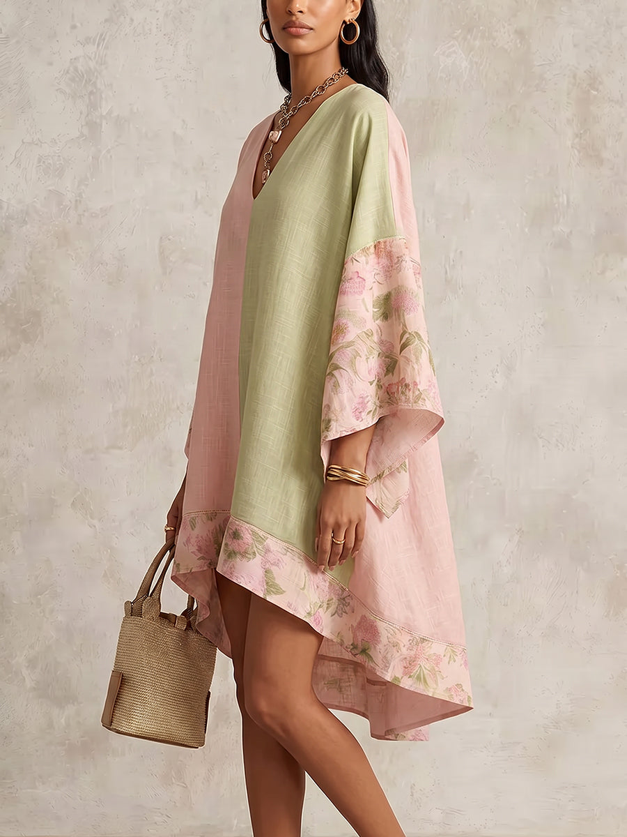 Split-Joint Flower Print Contrast Color Three-quarter Sleeves Loose V-neck Midi Dresses