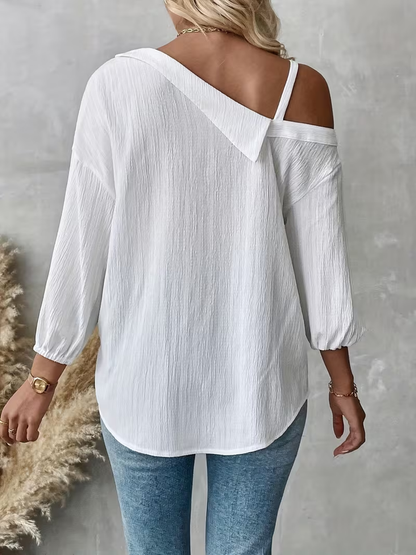 Long Sleeves Loose Buttoned Pockets Solid Color One-Shoulder Blouses&Shirts Tops