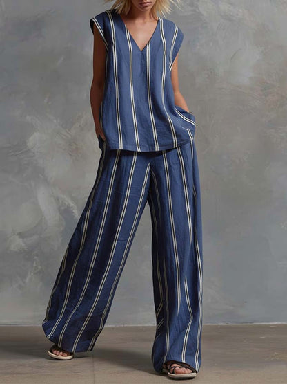 High Waisted Wide Leg Contrast Color Pockets Striped Pants Trousers