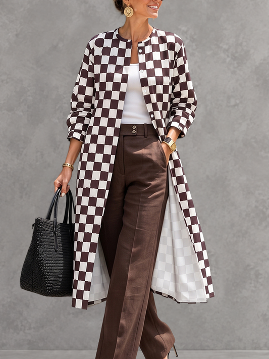 Plaid Contrast Color Buttoned Long Sleeves Round-neck Outerwear