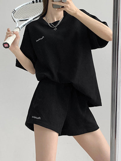 Short Sleeves Split-Joint Round-Neck T-Shirt + Elasticity Waist Shorts Two Pieces Set
