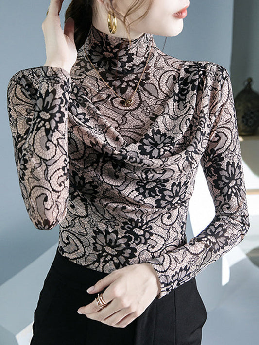 Long Sleeves Flower Print Pleated Mock Neck T-Shirts Tops