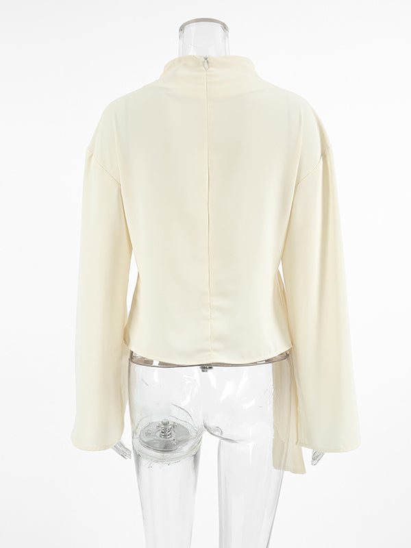 Flared Sleeves Long Sleeves Solid Color Twist Half Turtleneck Blouses&Shirts Tops
