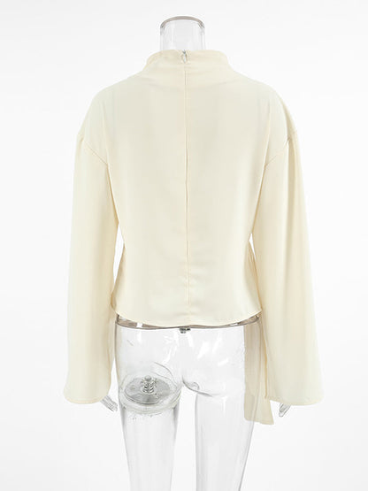 Flared Sleeves Long Sleeves Solid Color Twist Half Turtleneck Blouses&Shirts Tops