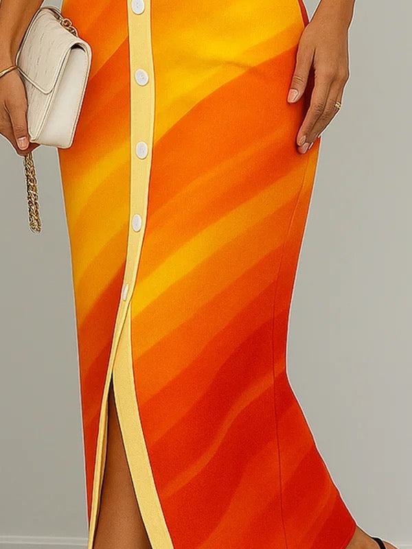 Bodycon Sleeveless Buttoned Contrast Color Notched Collar Maxi Dresses