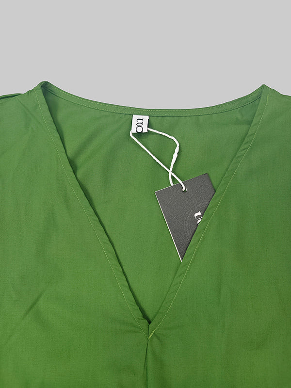 Robe longue ample à manches courtes et poches plissées, couleur unie, col en V fendu 