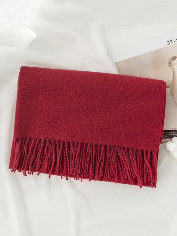 Keep Warm Solid Color Tasseled Shawl&Scarf BURGUNDY One_size