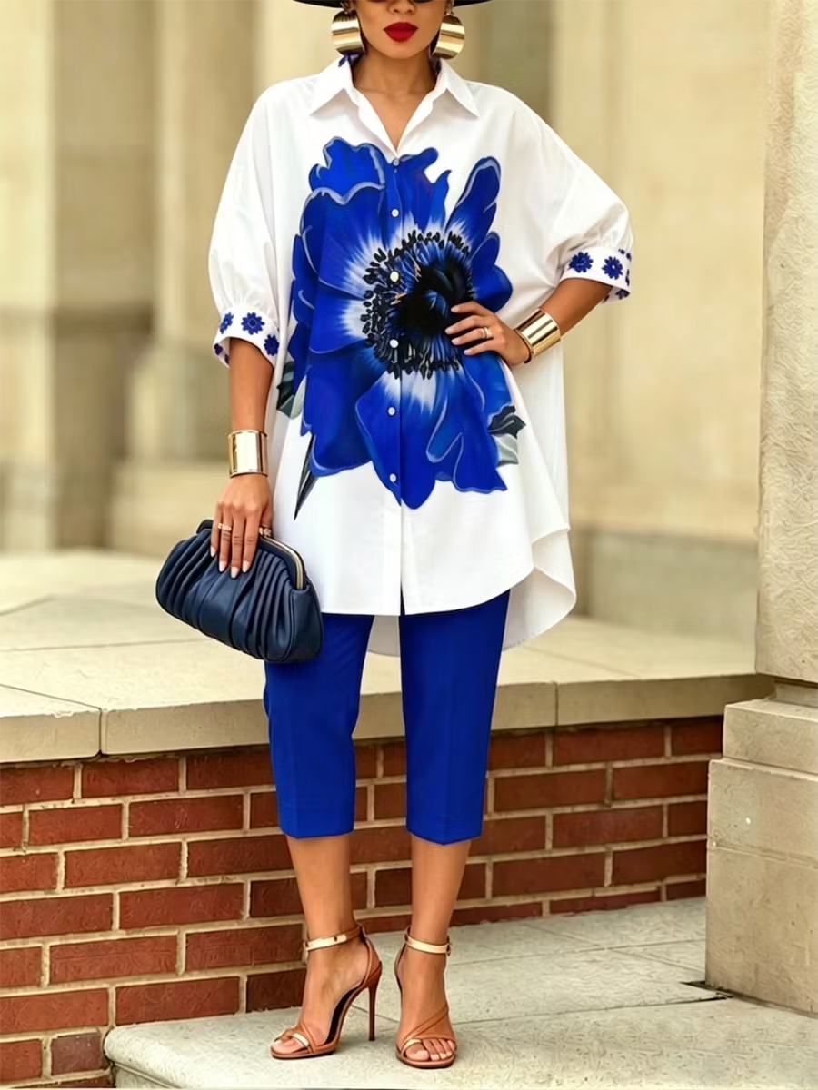 Half Sleeves Loose Buttoned Flower Print Lapel Blouses&Shirts Tops