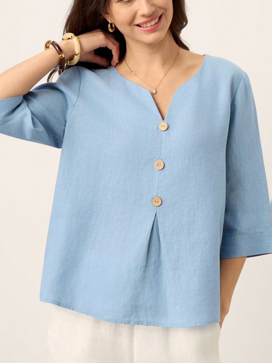 Loose Three-Quarter Sleeves Buttoned Solid Color V-Neck Blouses&Shirts Tops