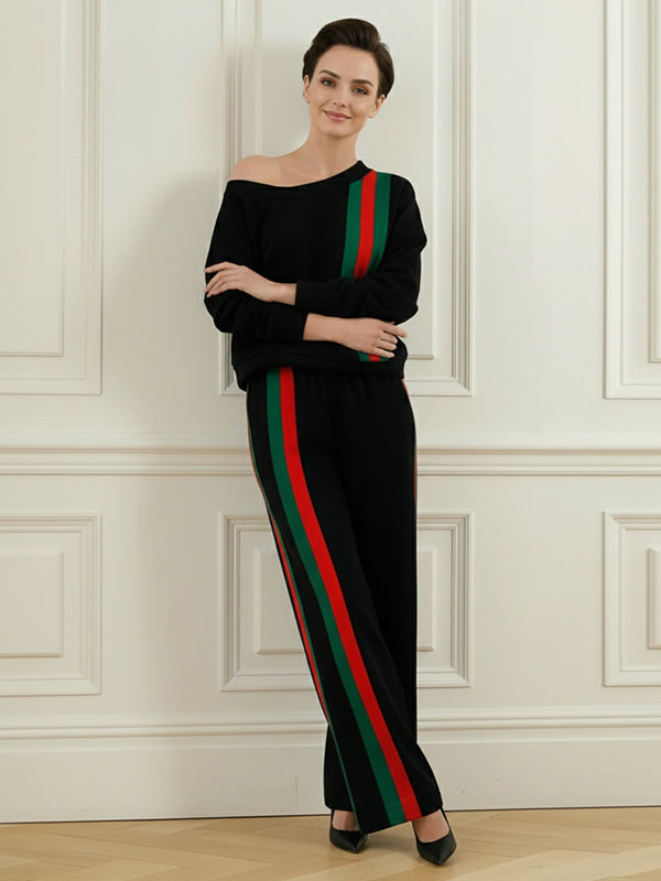 Loose Asymmetric Contrast Color Ribs Split-Joint One-Shoulder Sweatershirt