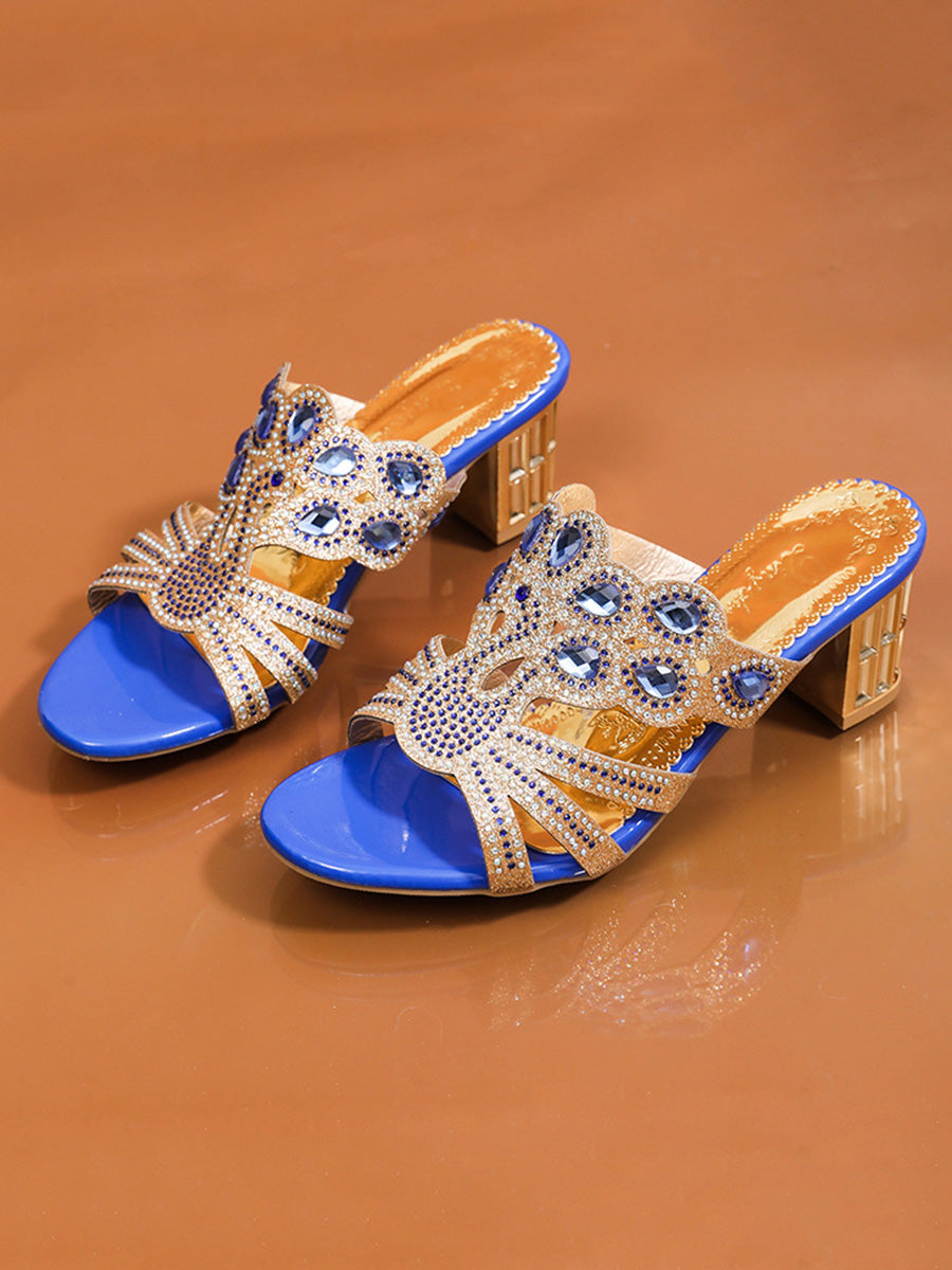 Square Heel Open Toe Rhinestone Pumps