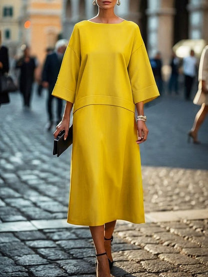 A-Line Long Sleeves Solid Color Split-Joint Round-Neck Midi Dresses