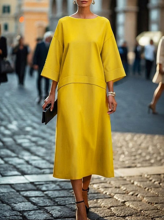 A-Line Long Sleeves Solid Color Split-Joint Round-Neck Midi Dresses