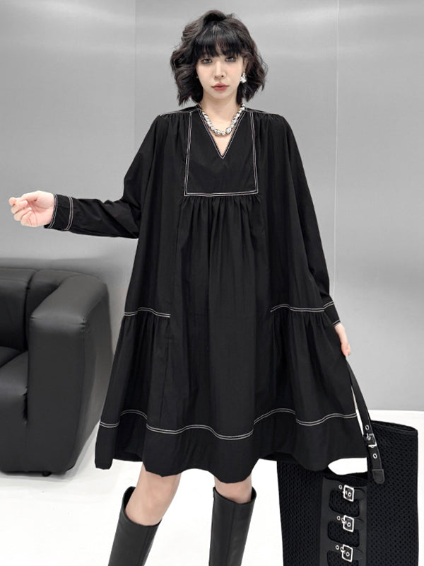A-Line Long Sleeves Comfort Contrast Color Pleated V-Neck Mini Dresses