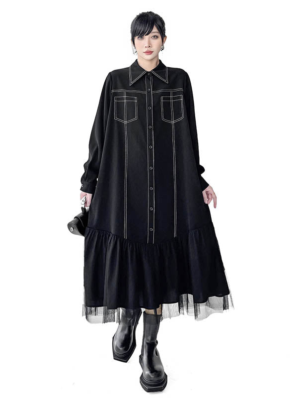 Irregularity Long Sleeves Asymmetric Buttoned Line Solid Color Split-Joint Lapel Midi Dresses Shirt Dress