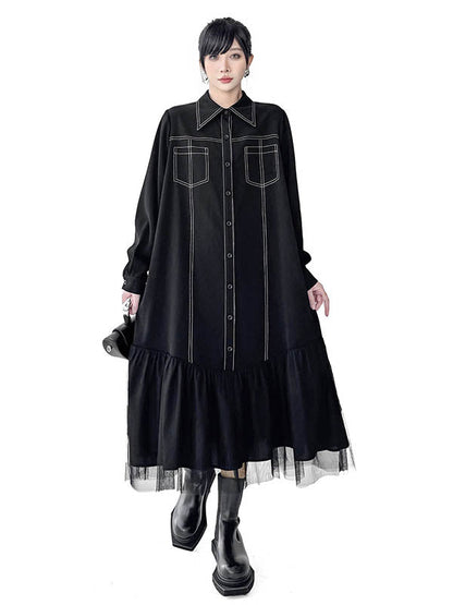Irregularity Long Sleeves Asymmetric Buttoned Line Solid Color Split-Joint Lapel Midi Dresses Shirt Dress