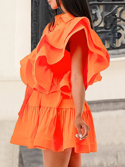 A-Line High Waisted Buttoned Pleated Ruffled Solid Color Tied Waist Lapel Mini Dresses