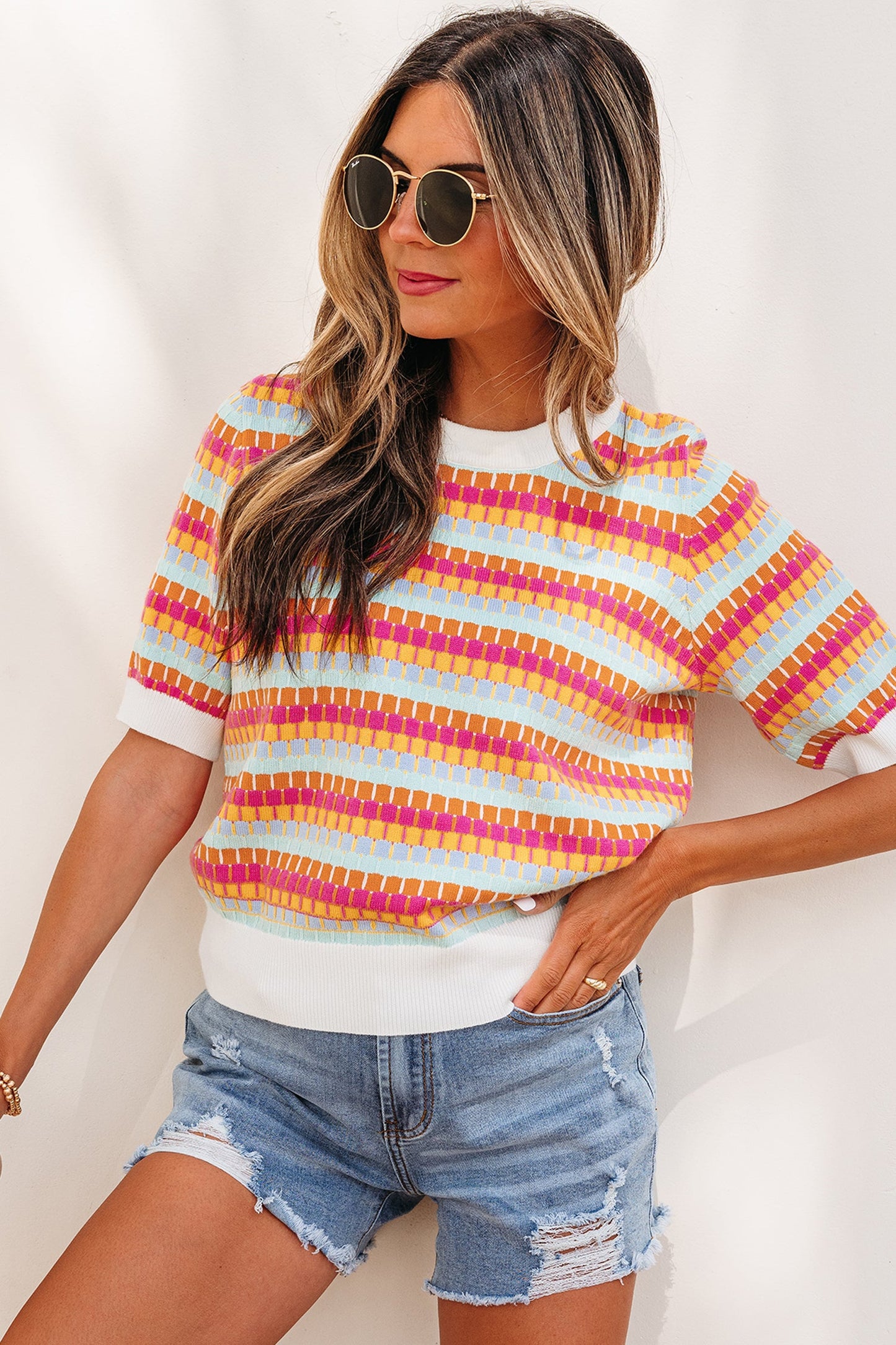Rose Red Abstract Striped Knit Short Sleeve Sweater