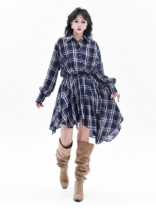 High-Low Irregularity Elasticity Plaid Lapel Collar Midi Dresses