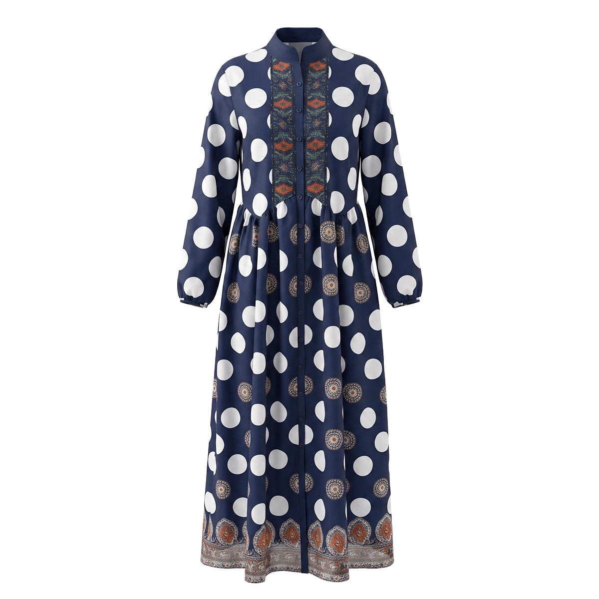 Polka-Dot Pockets Pleated Contrast Color Buttoned Big Hemline Puff Sleeves Loose Stand Collar Maxi Dresses