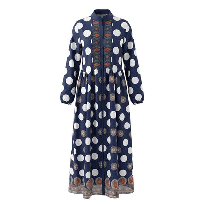 Polka-Dot Pockets Pleated Contrast Color Buttoned Big Hemline Puff Sleeves Loose Stand Collar Maxi Dresses
