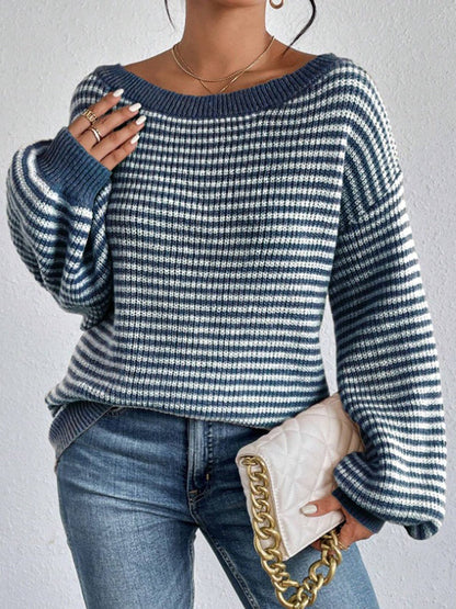 Long Sleeves Loose Contrast Color Split-Joint Striped Off-The-Shoulder Pullovers Sweater Tops
