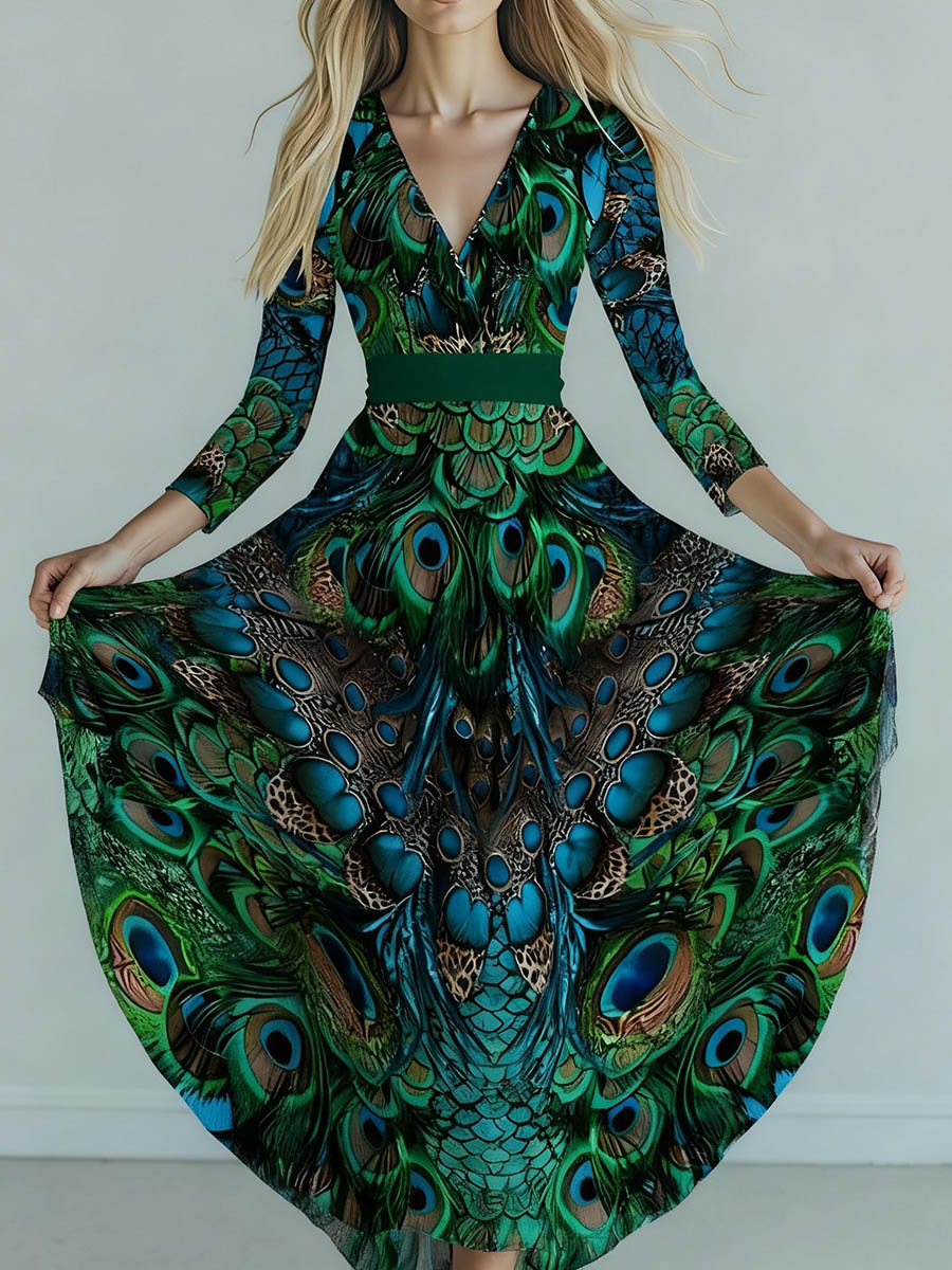 A-Line Elasticated Waist Animal Printed Belted Contrast Color Split-Joint Deep V-Neck Maxi Dresses