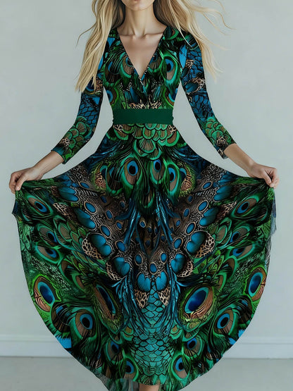 A-Line Elasticated Waist Animal Printed Belted Contrast Color Split-Joint Deep V-Neck Maxi Dresses