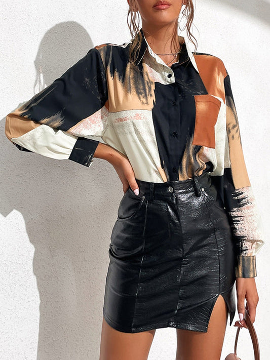 Langarm Lose Asymmetrische Gedruckt Split-Joint Revers Blusen &amp; Hemden Tops 