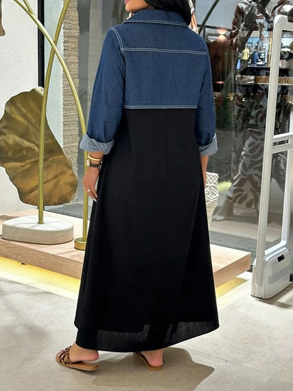 A-Line Long Sleeves Buttoned Pockets Split-Joint Lapel Maxi Dresses