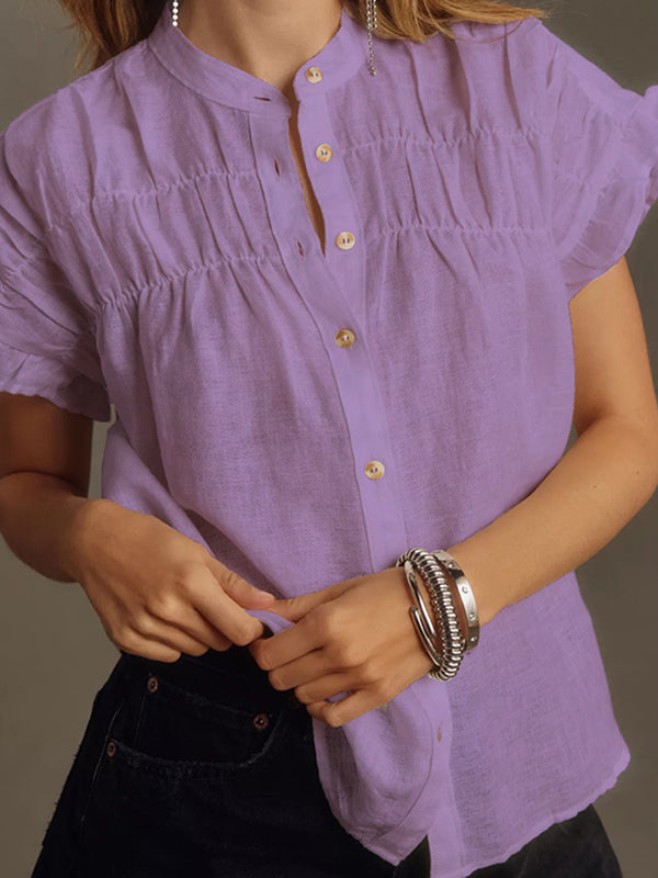 Loose Short Sleeves Pleated Ruffled See-Through Split-Joint Round-Neck Blouses&Shirts Tops