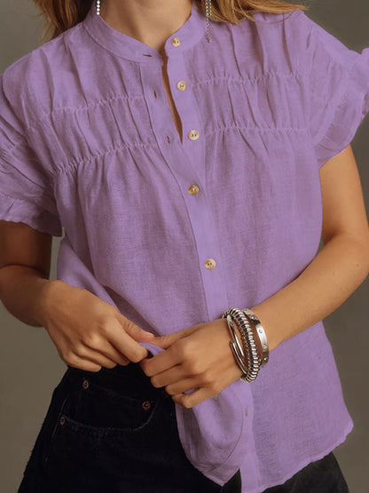 Loose Short Sleeves Pleated Ruffled See-Through Split-Joint Round-Neck Blouses&Shirts Tops