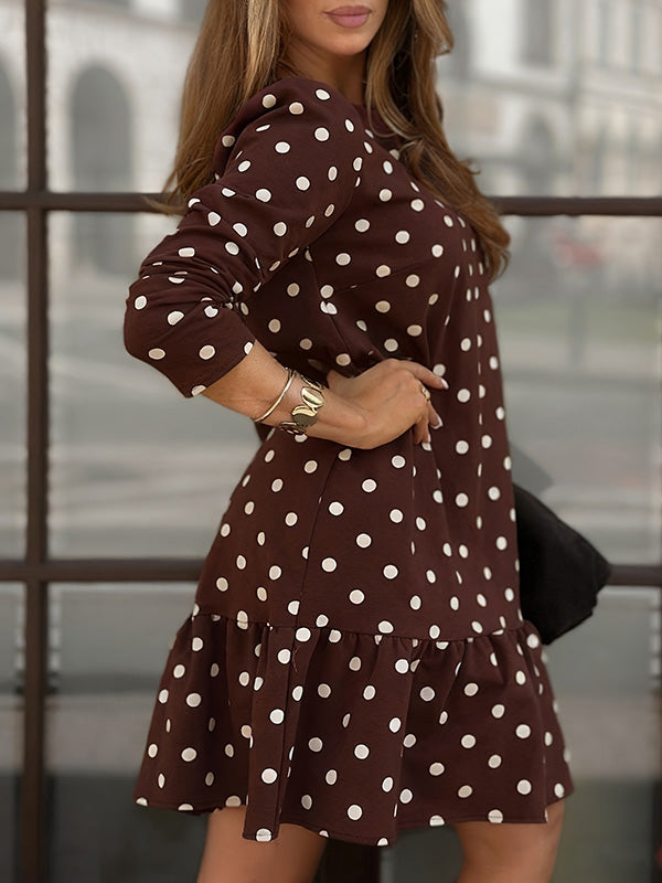 A-Line Long Sleeves Contrast Color Pleated Polka-Dot Split-Joint Round-Neck Midi Dresses